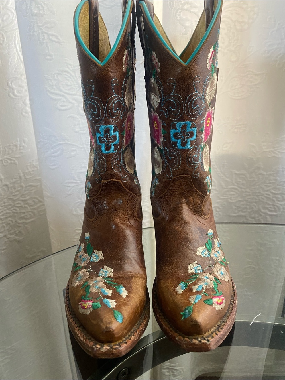 Macie Bean Brown Girls' Embroidered Floral Cowboy Boots with Turquoise Accents